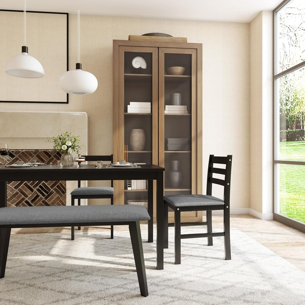 Dining Table Set for 4, Solid Wood Kitchen Table Chairs Set of 4, 43.3” Space-Saving Mid Century Modern Dining Room Table with Chairs and Bench for Kitchen, Living Room,Breakfast Nook, Black