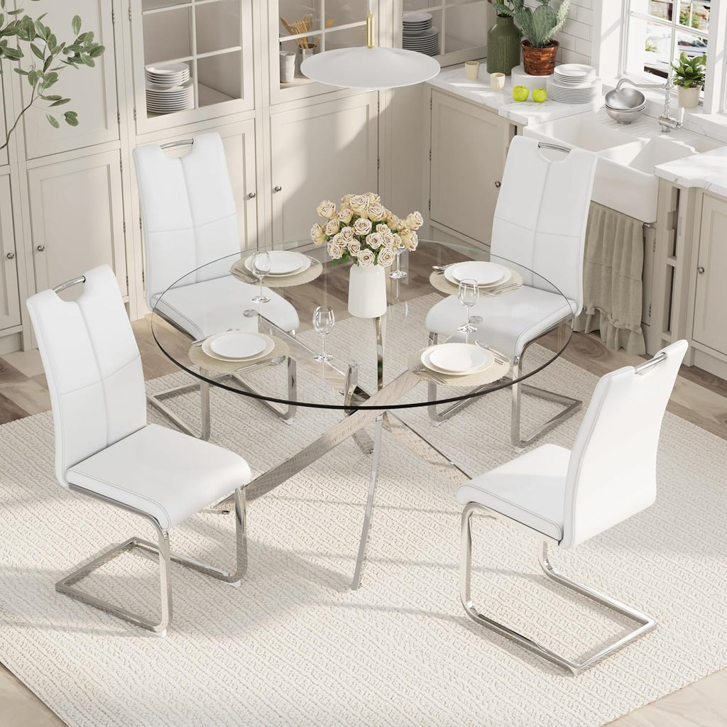 5-Piece Round Dining Table Set for 4, 47" Small Circle Tempered Glass Kitchen Table Set with Chrome Silver Leg, Upholstered Chair Side Chair for Dining Room Apartment Home, White