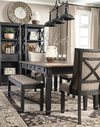 Signature Design by Ashley Tyler Creek Farmhouse Upholstered Dining Room Bench with Tapered Legs, Heavy Woven Fabric, Wood, 19.5" High Seat, Black & Gray