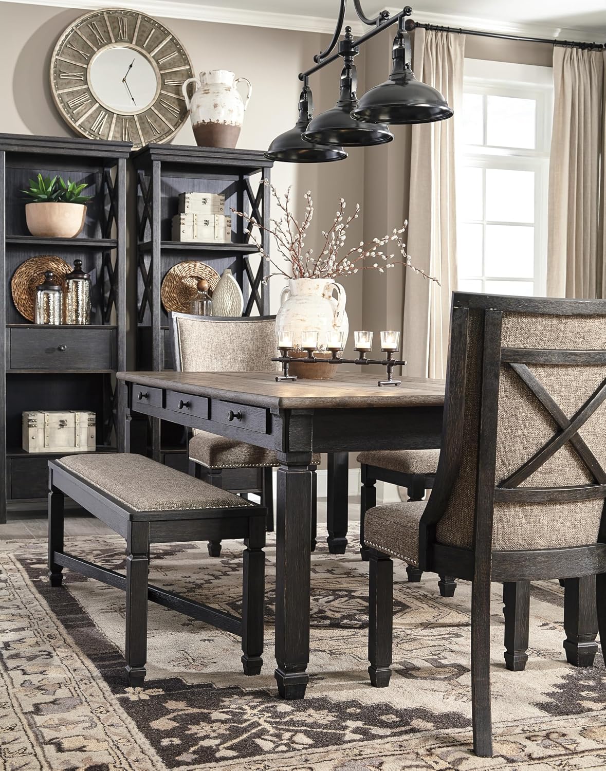 Signature Design by Ashley Tyler Creek Farmhouse Upholstered Dining Room Bench with Tapered Legs, Heavy Woven Fabric, Wood, 19.5" High Seat, Black & Gray