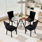 5-Piece 39" Round Glass Dining Table Set with 4 Velvet Upholstered Chairs, Dining Chairs with Solid Wood Legs, Modern Kitchen Table with Triangular Metal Base for Dining Room(Black)