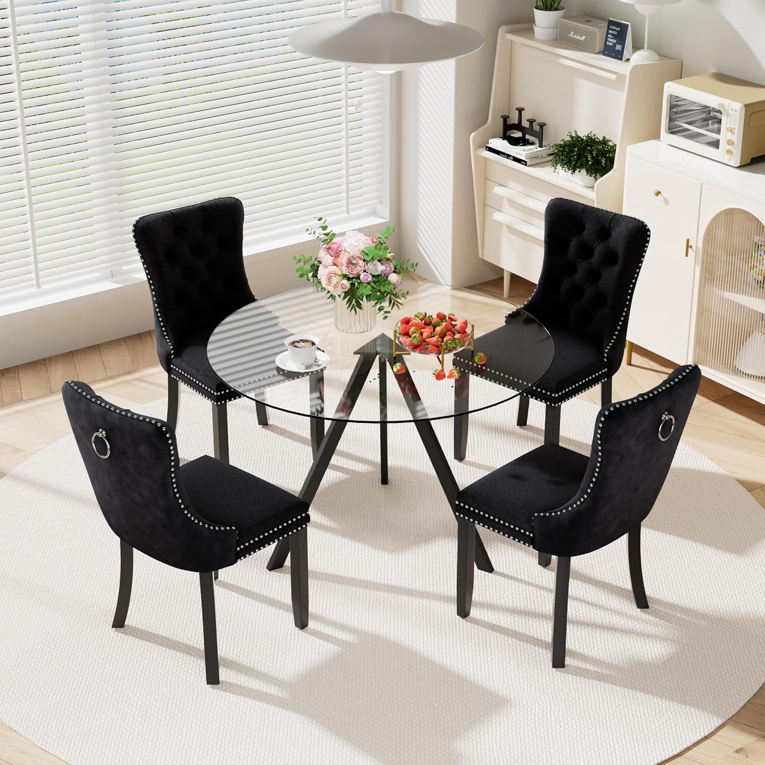 5-Piece 39" Round Glass Dining Table Set with 4 Velvet Upholstered Chairs, Dining Chairs with Solid Wood Legs, Modern Kitchen Table with Triangular Metal Base for Dining Room(Black)