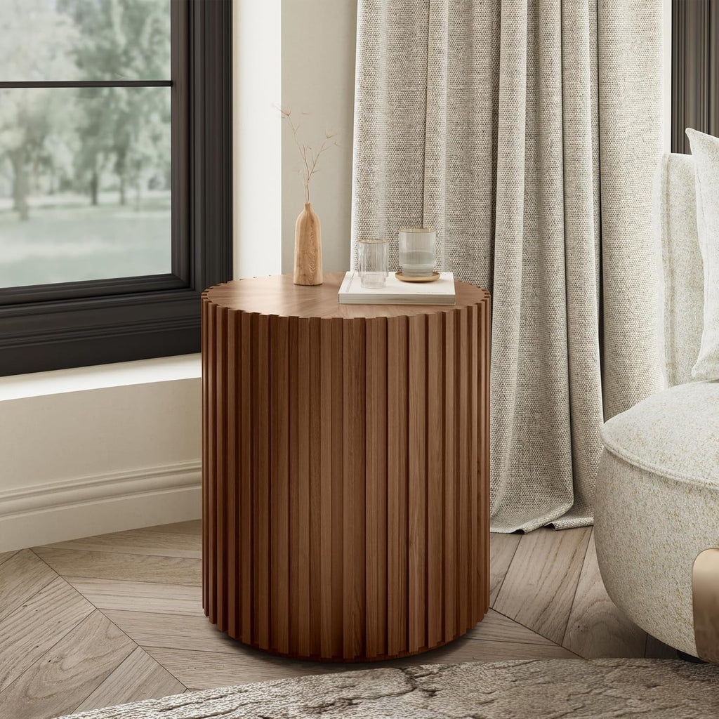 POVISON Fluted Side Set of 2, 20.08" Round End Side Table with Fluted Design for Living Room Bedroom Office, Light Walnut