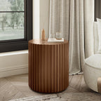 POVISON Fluted Side Set of 2, 20.08" Round End Side Table with Fluted Design for Living Room Bedroom Office, Light Walnut