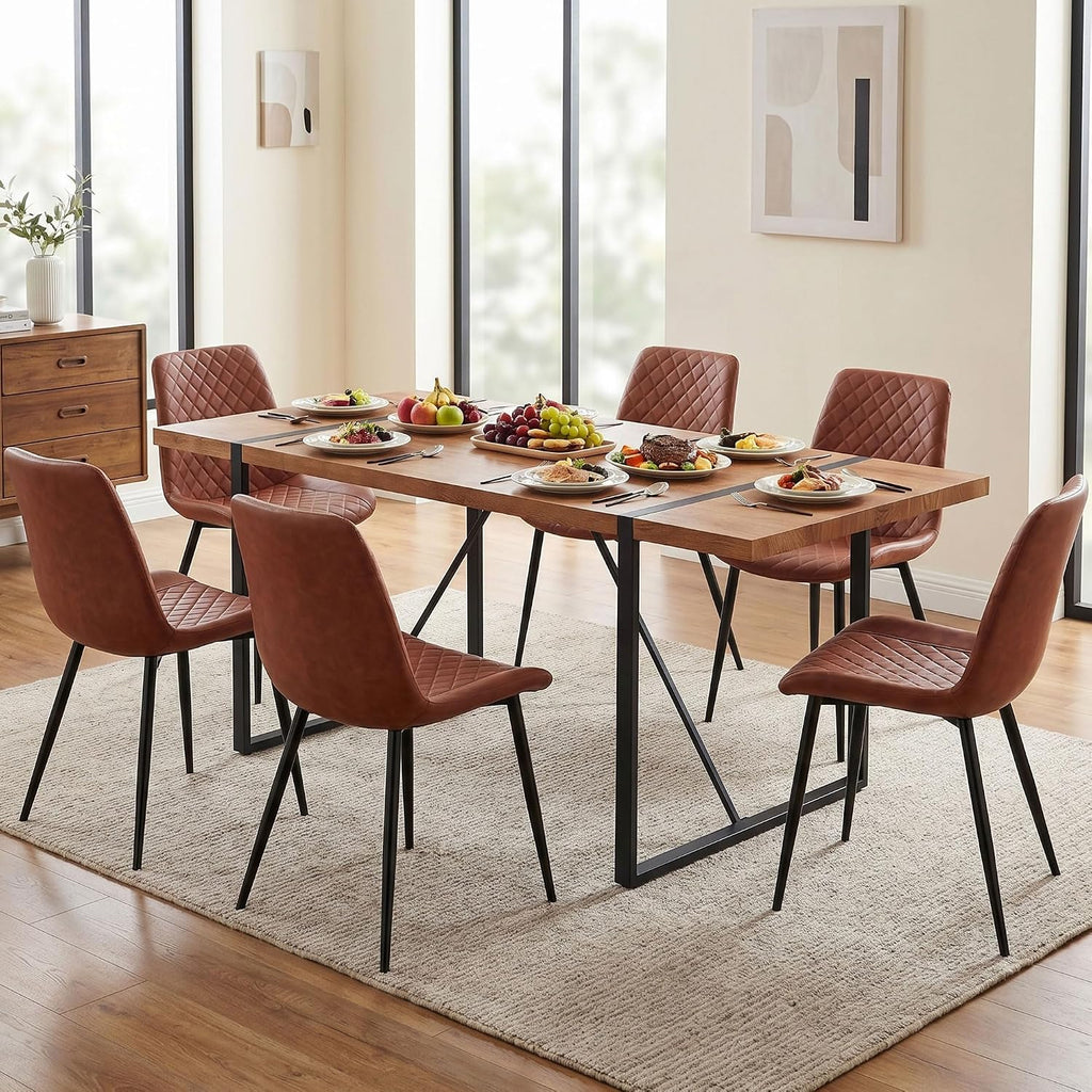 PU Leather Dining Chairs Set of 6, Modern Armless Dining Room Chairs, Comfy Upholstered Kitchen Chairs with Backrest, Black Metal Legs for Living Room, Dinning Room, Brown