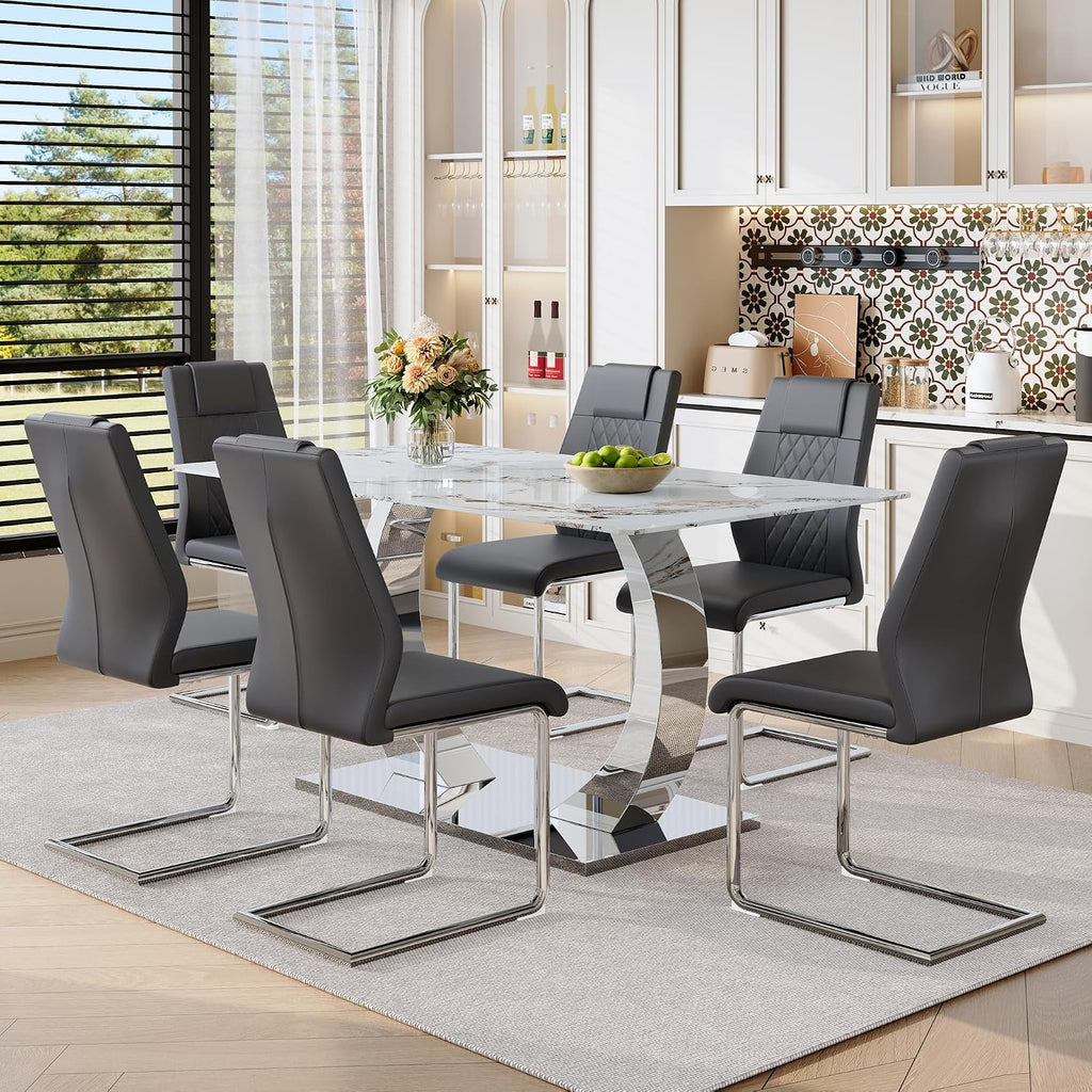 Modern Dining Table Set for 6, 63 Inch White Faux Marble Dining Room Table with Silver Leg, Rectangular Kitchen Table with 6 Grey Chairs for Kitchen Apartment Restaurant