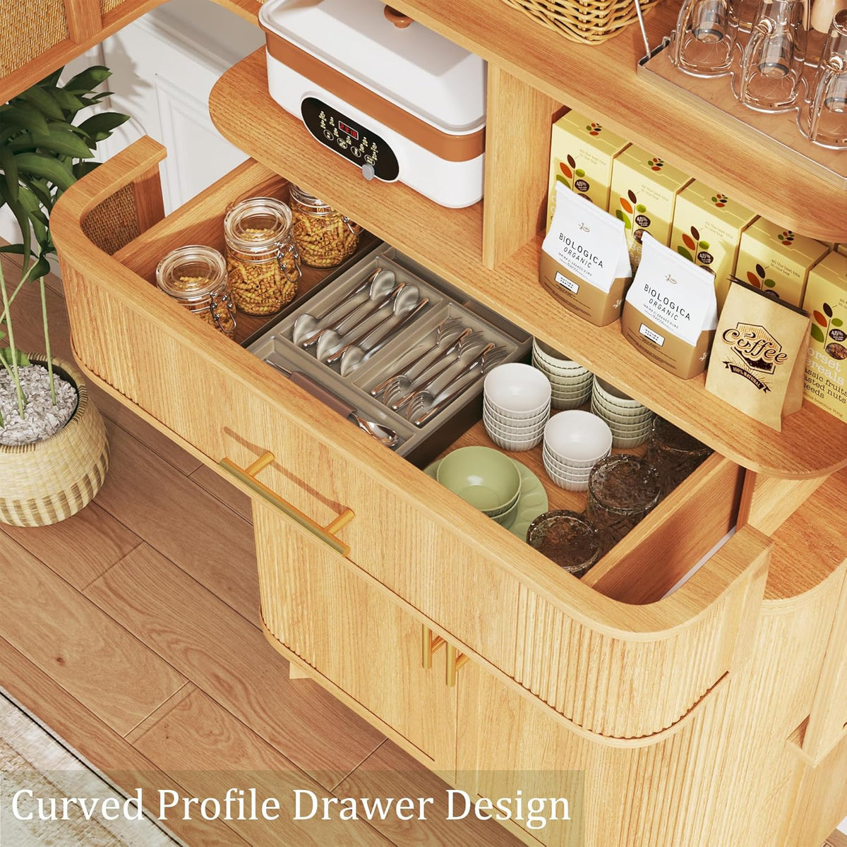 HUAHUU 71" Pantry Cabinet with Drawer, Kitchen Pantry Storage Cabinet with 4 Doors, Modern Curved Storage Cabinets with 10 Large Storage Spaces for Dining Room, Living Room, Oak
