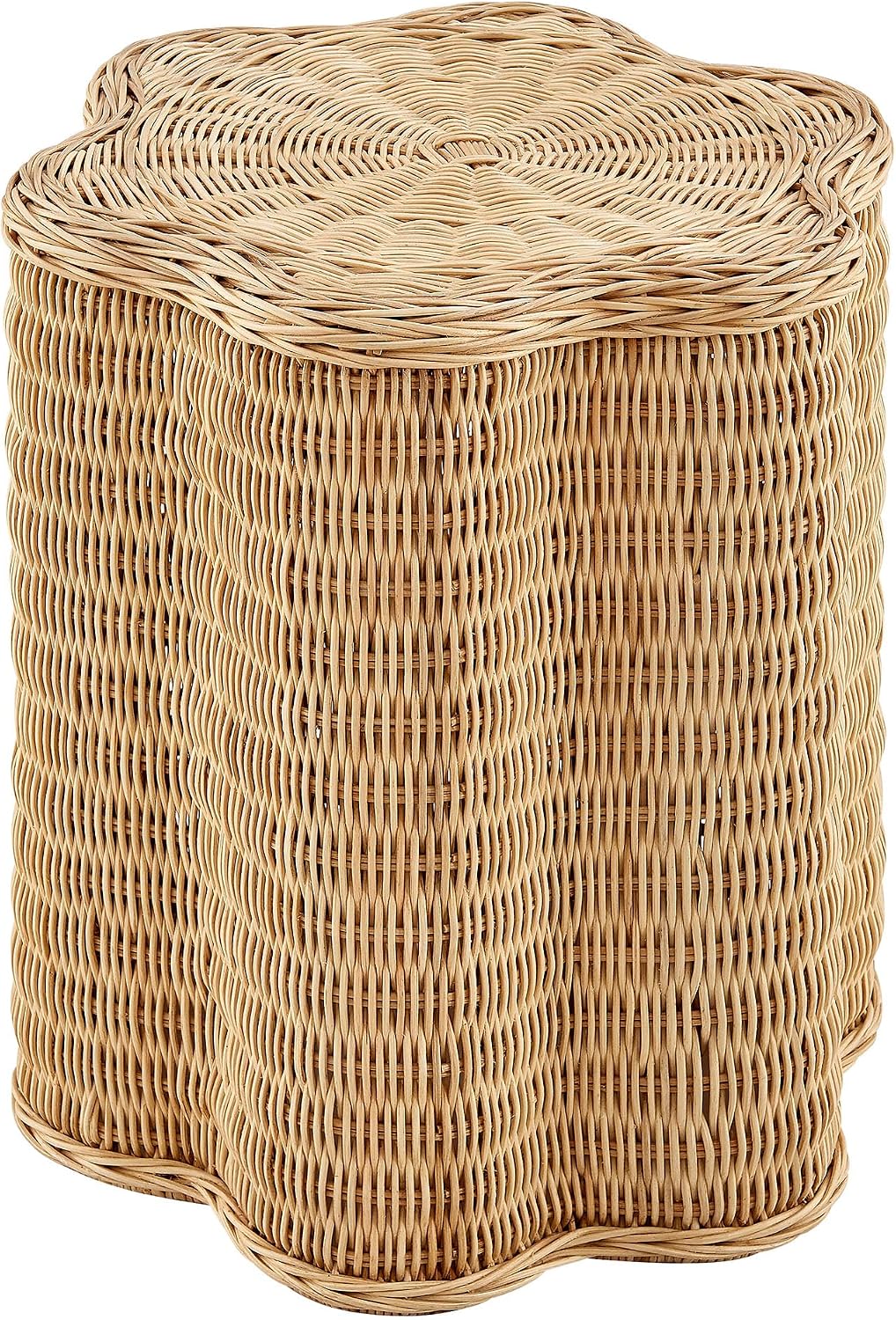 Modway Erika Scalloped Natural Rattan Side Table in Natural – 16 Inch Small Round Accent Stool with Flower-Shaped Top for Living Room, Bedroom, or Covered Patio