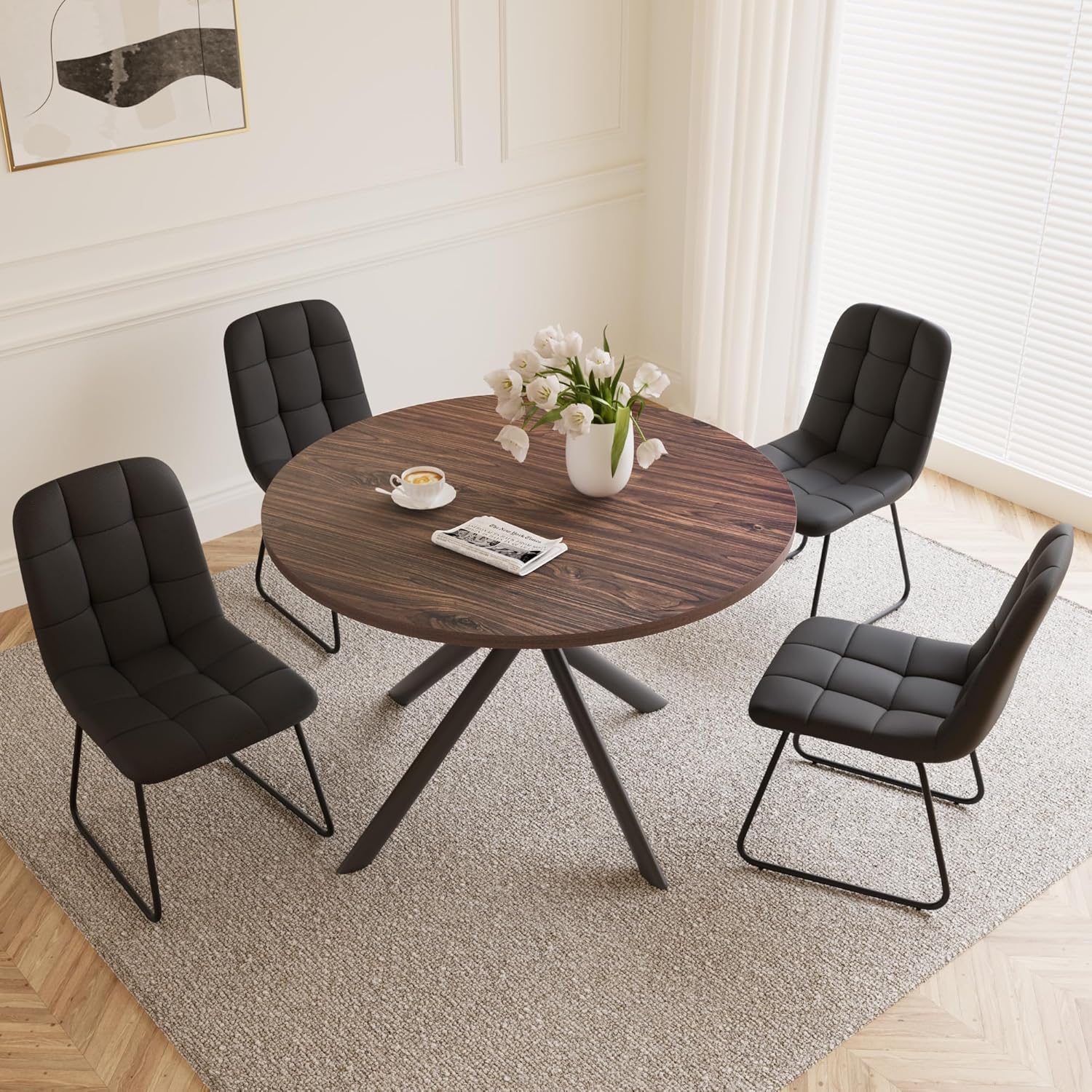 HIPIHOM 45.3 Inch Round Dining Table Set for 4, Mid Century Modern MDF Coffee Set for Dining Room Kitchen Apartment (Dark Walnut Table + 4 U-Shaped Black Chairs)