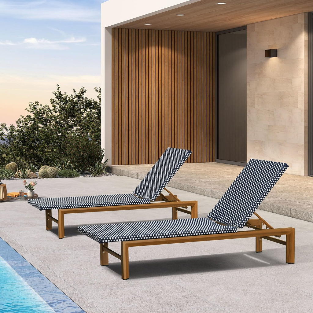 PURPLE LEAF Extra Wide Patio Lounge Chair Resort Wicker Set of 2, Navy | Handwoven Wicker, Teak Wood-Grain Aluminum Frame, 5 Adjustable Positions, Non-Slip Pads, Oversized Frame, 440 lbs Capacity