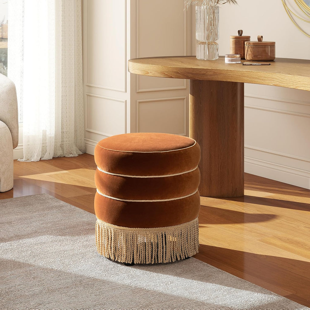 Edward Round Ottoman, Performance Velvet Ottoman, Burnt Orange Footrest with Bullion Fringe, 17.5 Inch Upholstered Seat and Accent Table for Living Room, Bedroom, Entryway