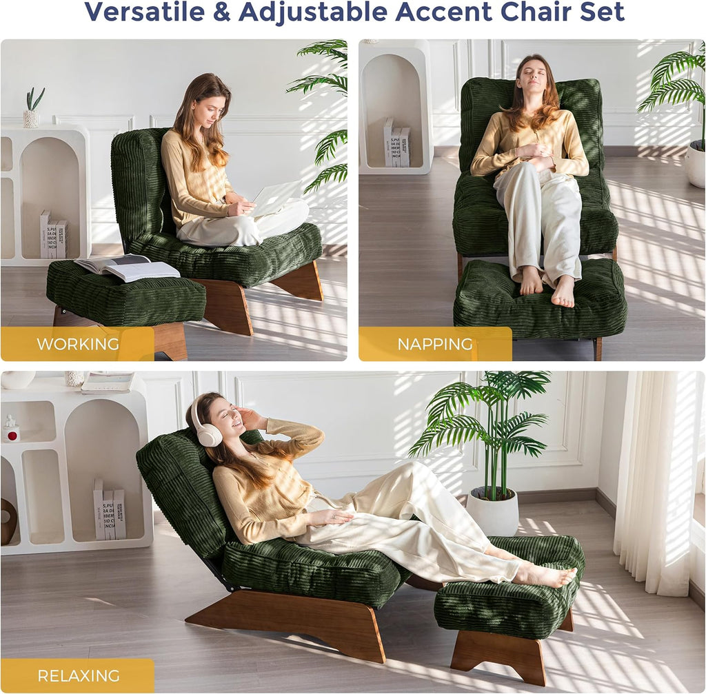 MAXYOYO Accent Chair with Ottoman, Lounge Chair with Adjustable Backrest | Tufted Living Room Chair Upholstered Lounge Chair with Footrest Set, Modern Chair for Reading Room, Green
