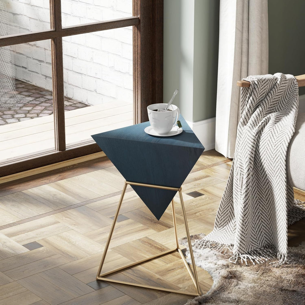 COZAYH Modern Geometric End Table with Wooden Top and Golden Metal Base, Unique Pyramid Side Table Plant Stand for Office, Living Room, Bedroom, Fully Assembled, Triangle, Blue
