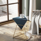 COZAYH Modern Geometric End Table with Wooden Top and Golden Metal Base, Unique Pyramid Side Table Plant Stand for Office, Living Room, Bedroom, Fully Assembled, Triangle, Blue