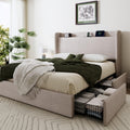 SHA CERLIN Queen Size Storage Bed Frame with 4 Oversized Drawers, Modern Wingback Headboard with Storage Shelf & Charging Station, No Box Spring Needed, Easy Assembly, Beige