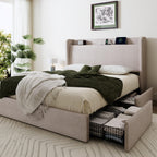 SHA CERLIN Queen Size Storage Bed Frame with 4 Oversized Drawers, Modern Wingback Headboard with Storage Shelf & Charging Station, No Box Spring Needed, Easy Assembly, Beige