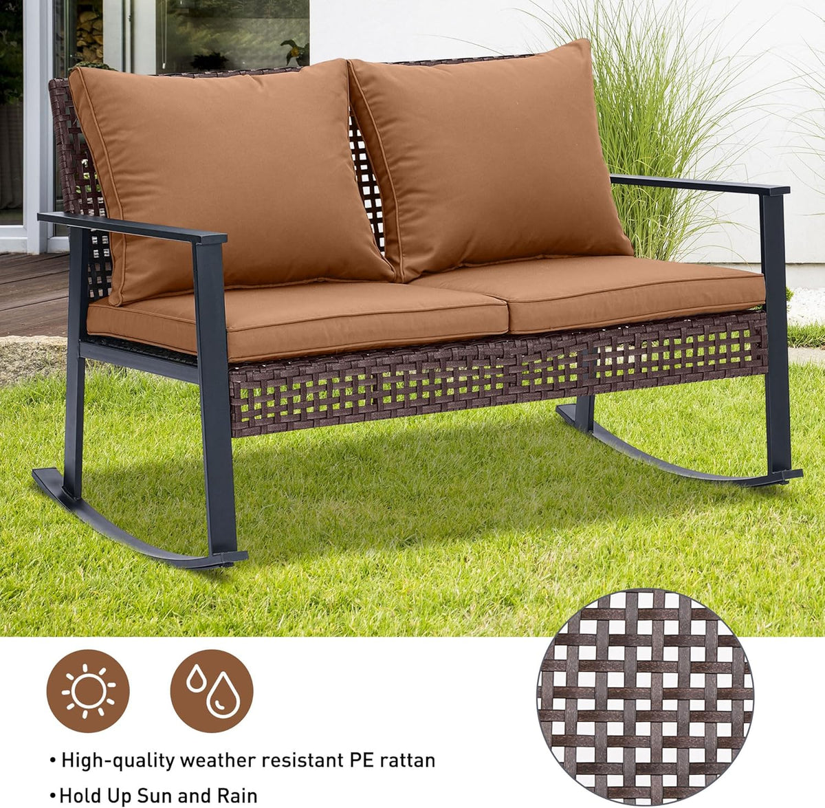 Ainfox Outdoor Wicker Loveseat Rocking Chair, Patio Rattan Rocker Chair with Cushions，All-Weather Modern Cozy Rocking Wicker Furniture for Garden Balcony Porch, Brown