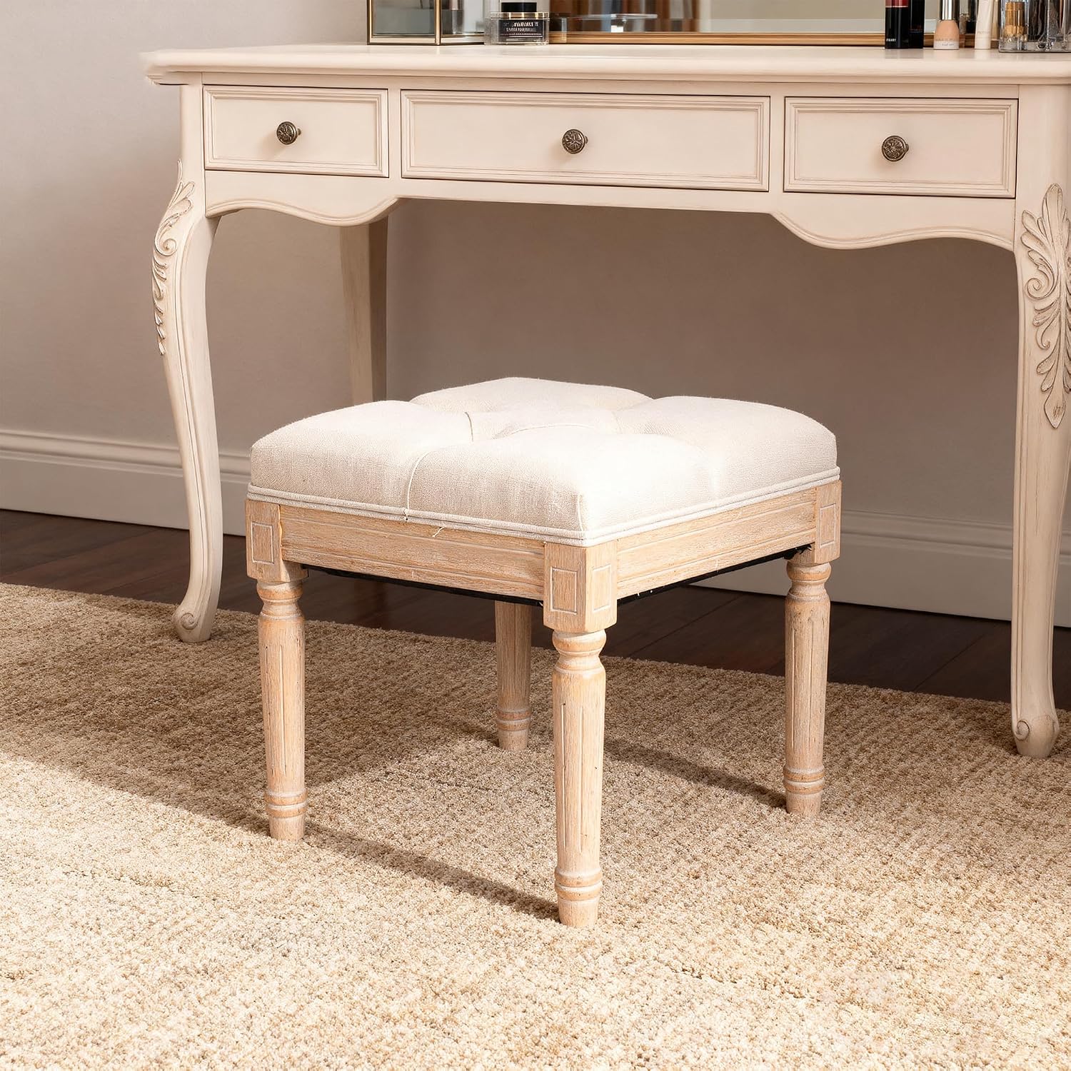 Square Vanity Stool Bench, 15.7" Small Ottoman Foot Stool with Padded Button Tufted Seat, Upholstered Ottoman Bench Chair for Makeup Room, Living Room, Bedroom, Piano, Foot Rest, Beige