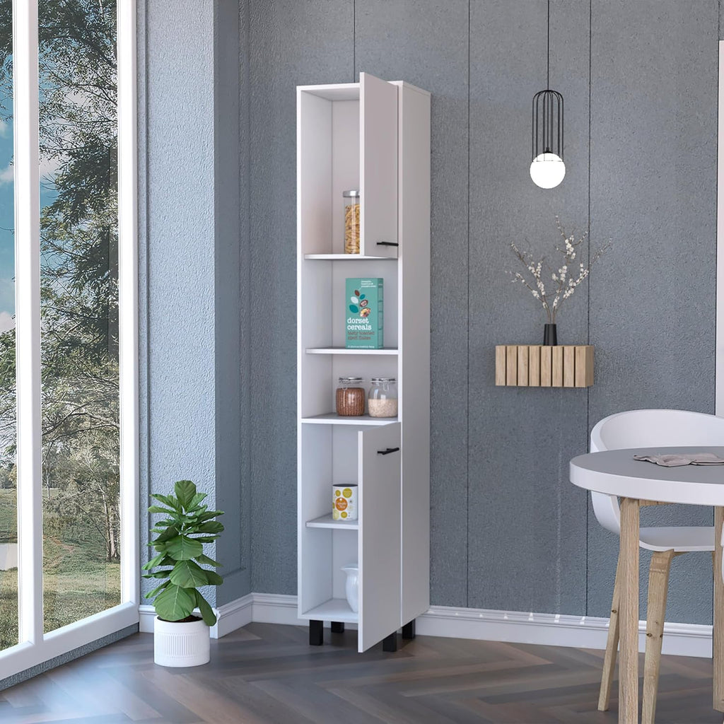 Small White 2-Door Pantry Cabinet with Shelving, Kitchen Storage, Versatile Corner Unit