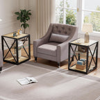 Modern End Table Set of 2 for Living Room 17.7" Bedroom Nightstand, Tempered Glass Shelf & Rustic Wood MDF Top Square Side Tables 2 Pack, Industrial Natural