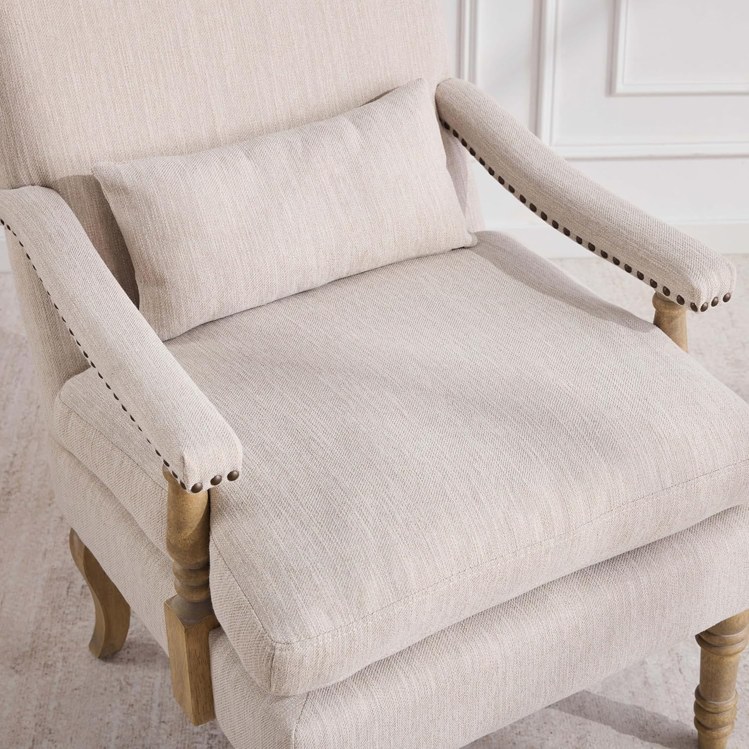 Accent Chair with Ottoman, Farmhouse Upholstered Armchair with Removable Thick Cushion & Lumbar Pillow, Wood Turned Legs, Comfy Reading Chair for Living Room Bedroom, Natural Beige