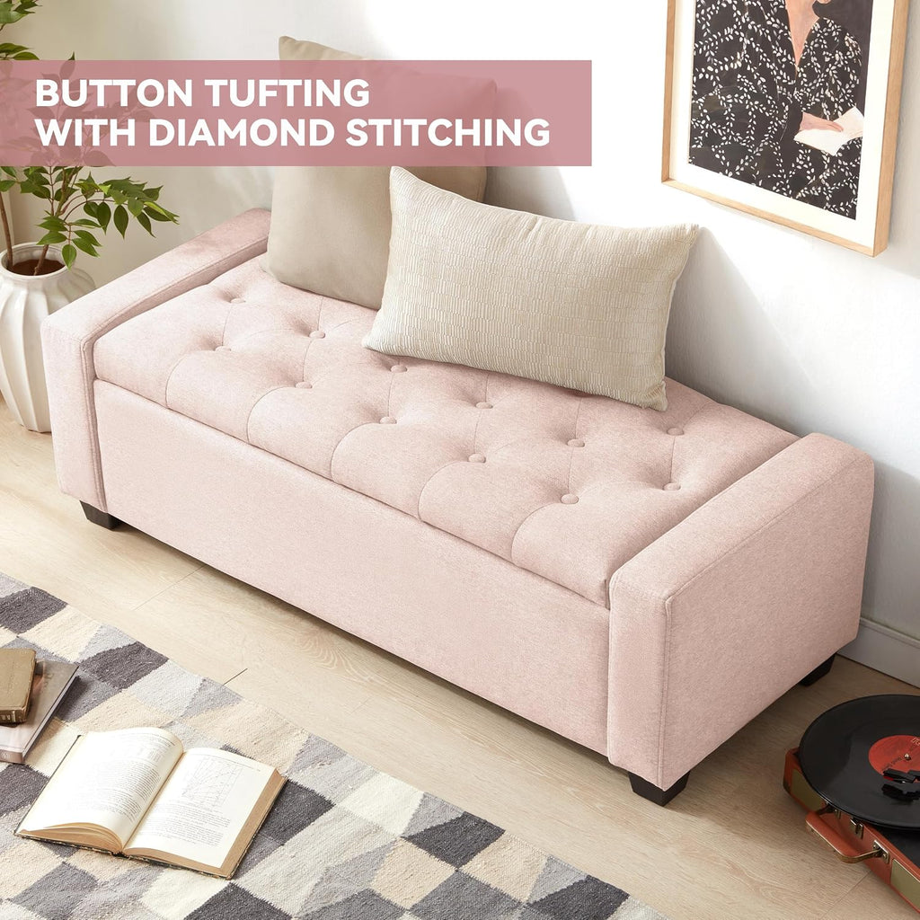 Mangodan 48" Ottoman with Storage, Soft Storage Ottoman Bench for Bedroom, Tufted Upholstered Window Benches, End of Bed Bench for Living Room, Entryway Bench with Seating, Foot Rest, Pink