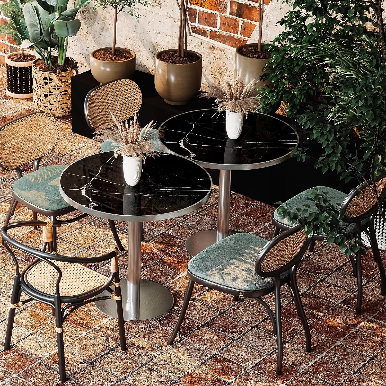 31.5" Tulip Table, Small Round Dining Table with 1.2" Thick Sintered Stone Tabletop and Silver Metal Pedestal Base, Bistro Table for Diner, Restaurant, Café, Bakery, Apartment (Marble Black Silver)
