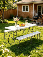 6Ft Folding Table, Heavy Duty Fold-in-Half Portable Plastic White | HDPE portable table indoor outdoor. Camp table, picnic table, party use. Lightweight holds 350 lbs. Easy fold side table