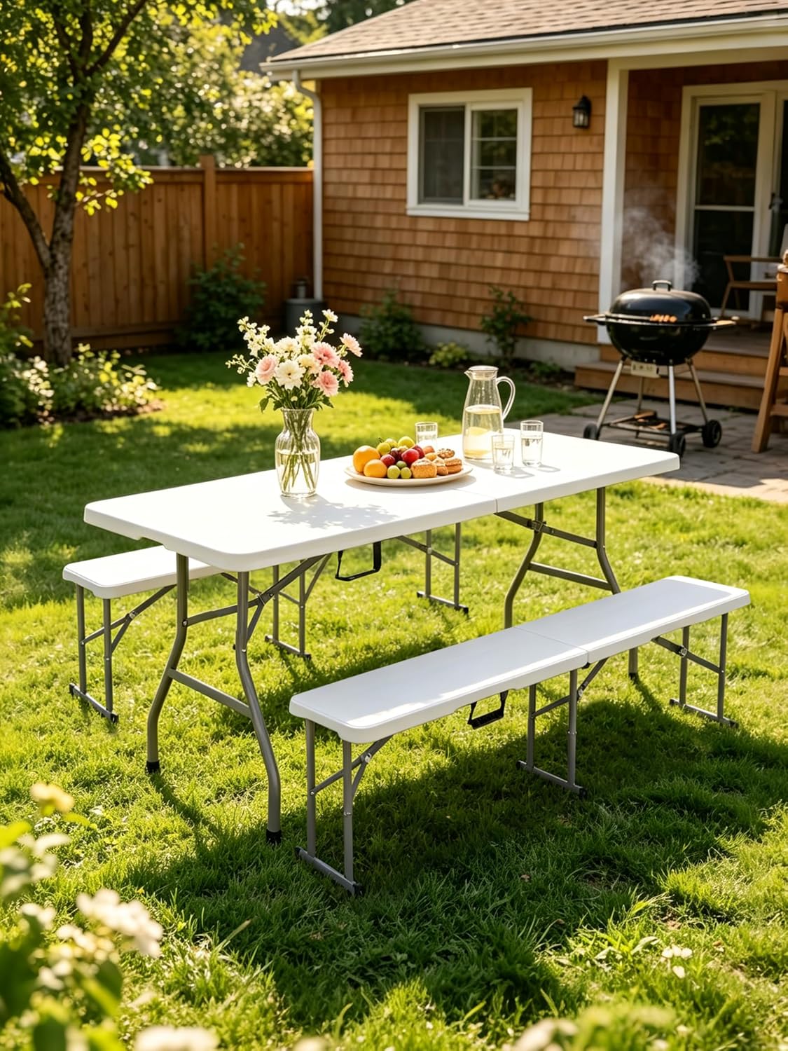 6Ft Folding Table, Heavy Duty Fold-in-Half Portable Plastic White | HDPE portable table indoor outdoor. Camp table, picnic table, party use. Lightweight holds 350 lbs. Easy fold side table