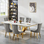 7 Piece Marble Dining Table Set for 6, 94 inch Large White Faux Marble Table with Gold U Shaped Stainless Steel Base, Modern Kitchen Dining Room Table Set for 6 with Grey Upholstered Velvet Chairs