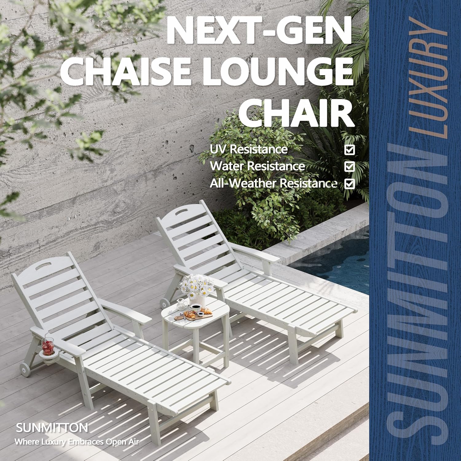 Patio Chaise Lounge Chair Set of 2, HDPE Outdoor Lounge Chairs with 5-Position Adjustable Backrest, Cup Holder and Wheels, 450lbs Capacity for Poolside Deck Backyard, All Weather Material(White)