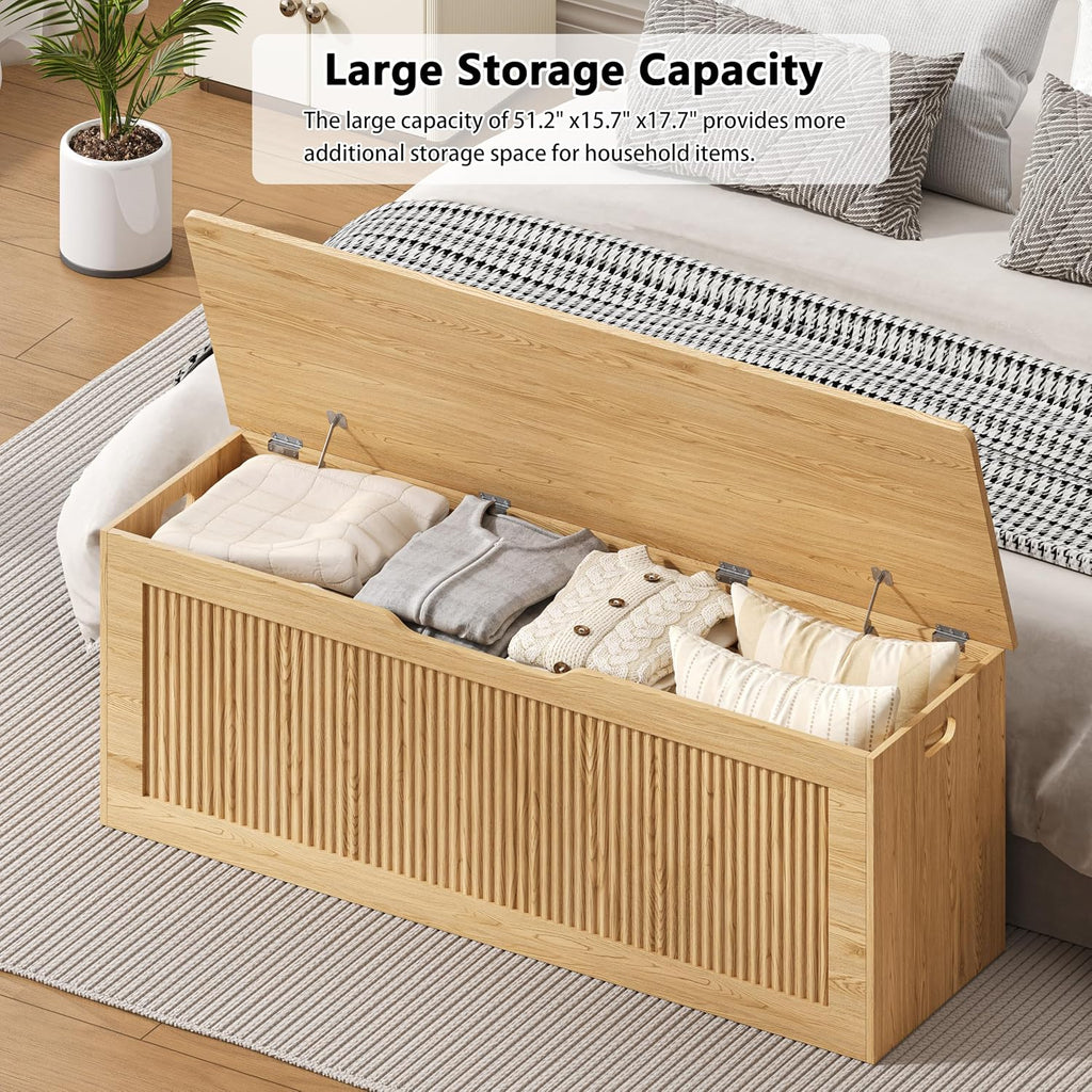 Akxomel 51.2" Fluted Storage Chest Wooden Storage Trunk 2 Safety Hinges Oak | Large Storage Chest with 2 Safety Hinges & Lift Top, Wooden Box Bench, for Living Room, Entryway, Bedroom