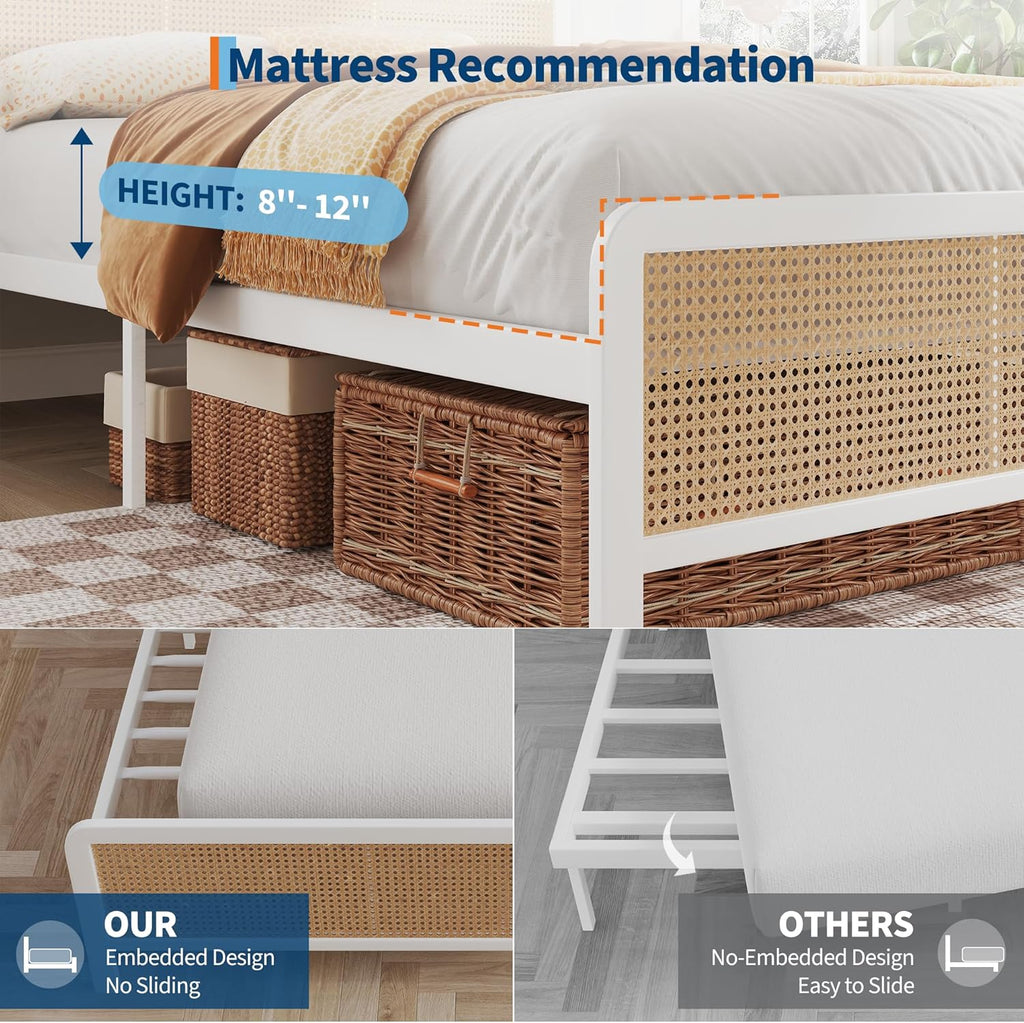 GAOMON Queen Size Rattan Bed Frame with Headboard, Modern Style Cane Boho Bed Frames with Heavy Duty Sturdy Steel Slat Support, No Box Spring Needed, White