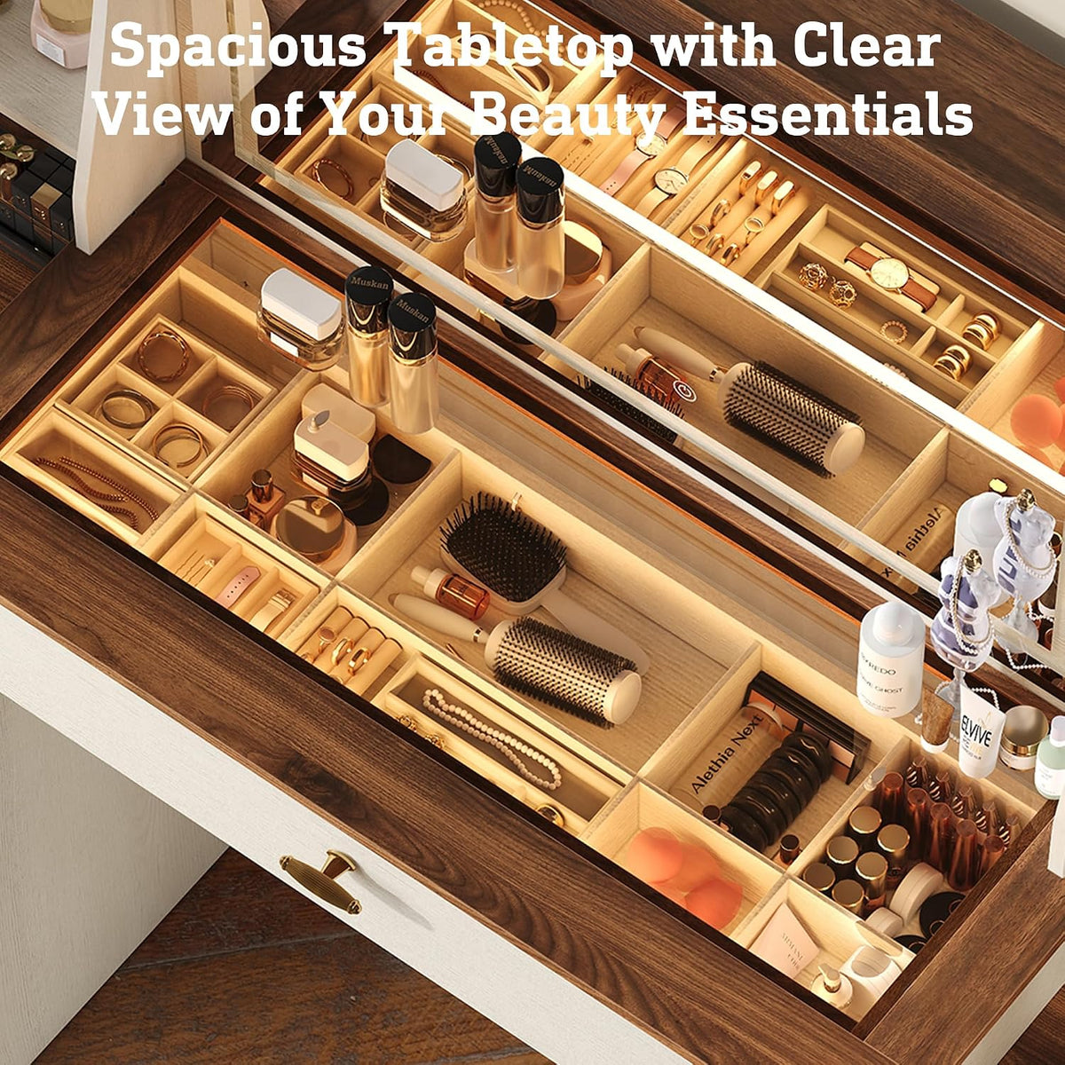 STO'SENSE Makeup Vanity Desk w/Mirror & Lights, 54" Large Vanity Table w/Glass Top, RGB Drawer, 𝐌𝐚𝐠𝐧𝐢𝐟𝐲𝐢𝐧𝐠 𝐌𝐢𝐫𝐫𝐨𝐫&Power Outlet,Make up Desk w/3 Shelves&7 Drawers,Dressing Table,White
