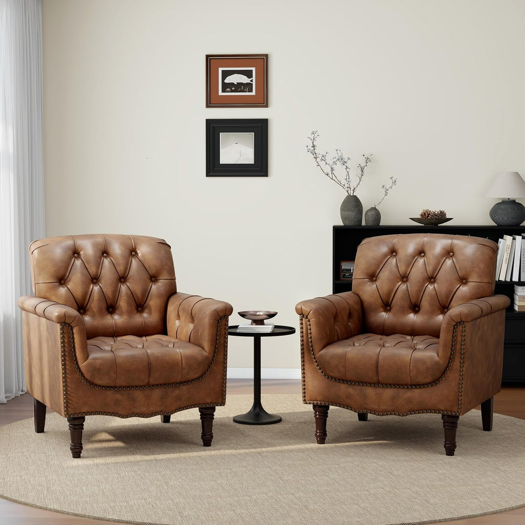 PU Leather Accent Chairs Set of 2, Comfy Club Chair Upholstered Armchair for Living Room, Button Tufted Arm Chair Retro Single Sofa Side Reading Seat for Bedroom (Brown)