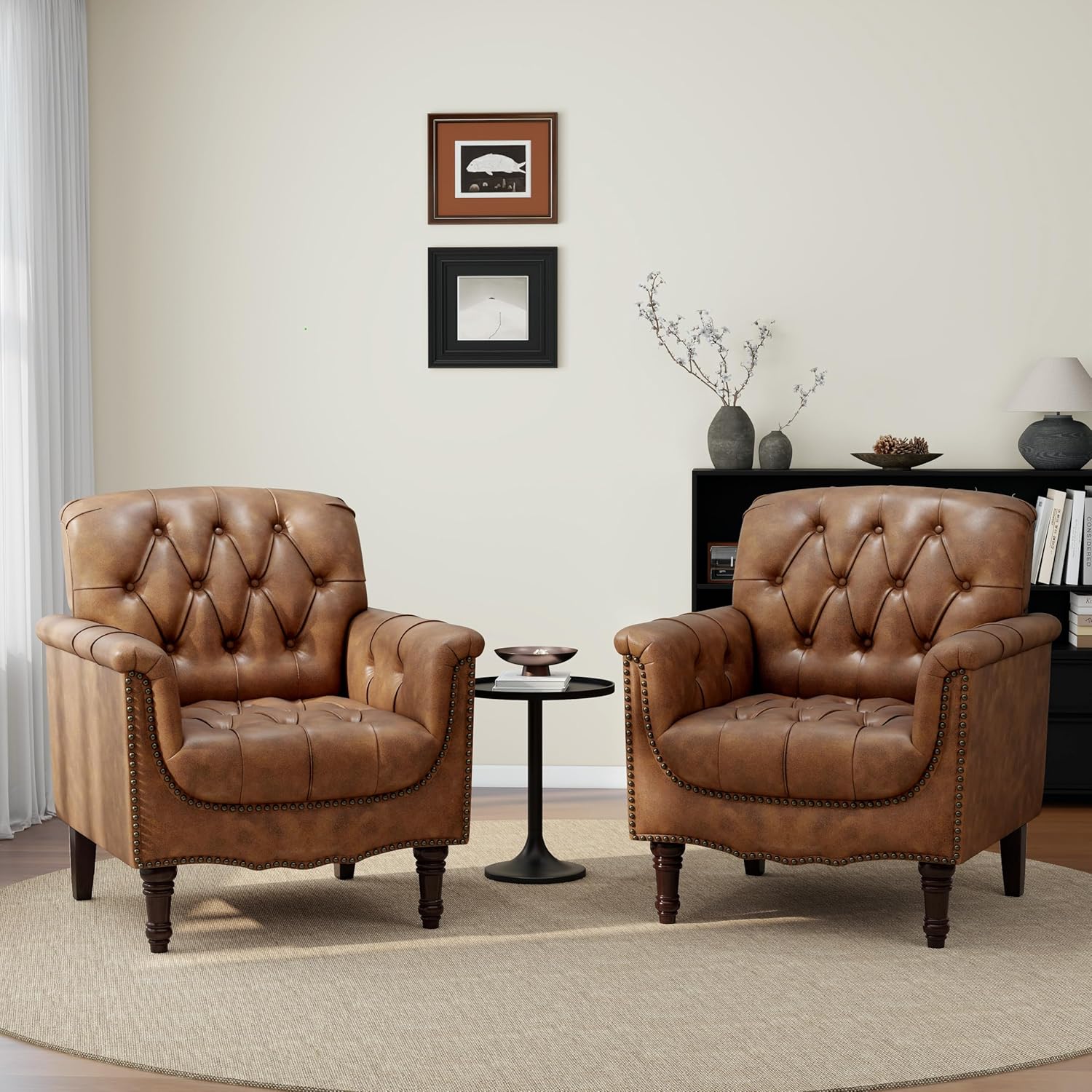 PU Leather Accent Chairs Set of 2, Comfy Club Chair Upholstered Armchair for Living Room, Button Tufted Arm Chair Retro Single Sofa Side Reading Seat for Bedroom (Brown)