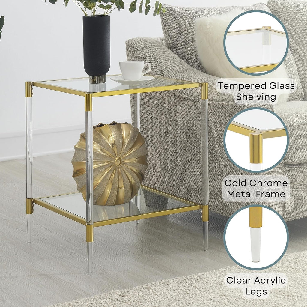 Convenience Concepts Royal Crest Acrylic Glass Square End Table 20.25" - Modern 2-Tier Tempered Glass Living Room Side Table with Storage Shelf, Gold Chrome Frame Table with Acrylic Legs, Glass, Gold