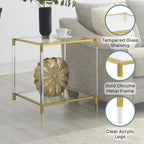 Convenience Concepts Royal Crest Acrylic Glass Square End Table 20.25" - Modern 2-Tier Tempered Glass Living Room Side Table with Storage Shelf, Gold Chrome Frame Table with Acrylic Legs, Glass, Gold