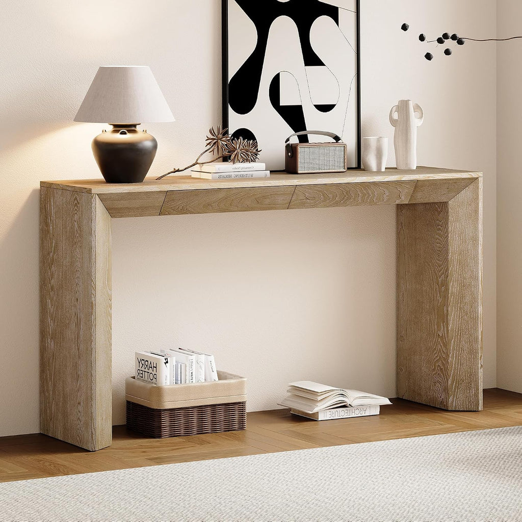 Merax Modern Entryway Table with 2 Concealed Drawers, Natural | Long Farmhouse Console Table with Thickened Legs, Sofa Table Behind Couch, Waterfall Design, for Living Room Hallway