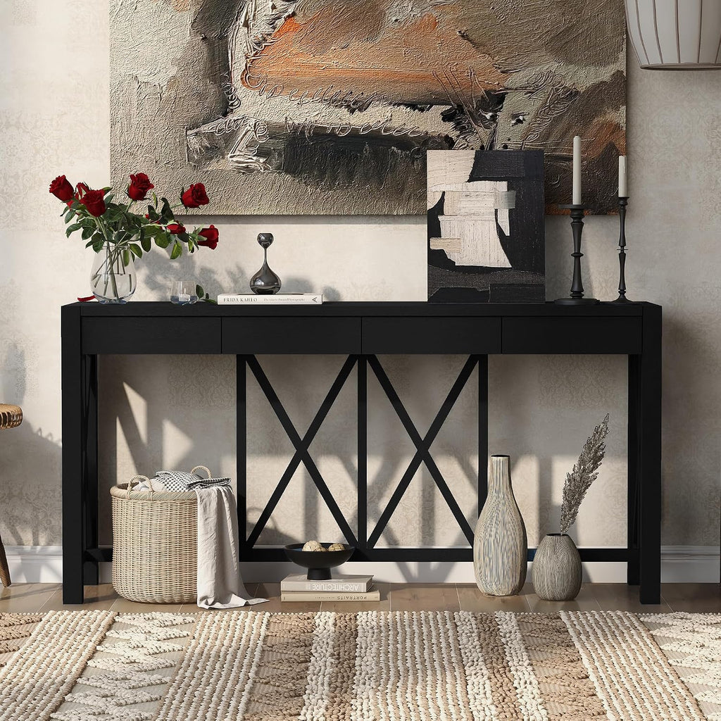 Farmhouse 60'' Console Table Sofa Table with 4 Spacious Drawers and Open Bottom Storage, Modern Crisscross Design Entryway Table for Living Room,Kitchen,Dining Room (Black-X)