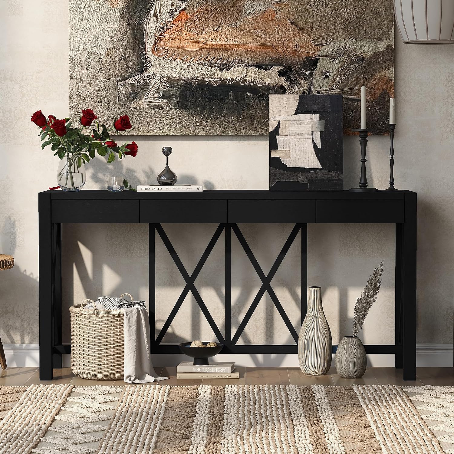 Farmhouse 60'' Console Table Sofa Table with 4 Spacious Drawers and Open Bottom Storage, Modern Crisscross Design Entryway Table for Living Room,Kitchen,Dining Room (Black-X)