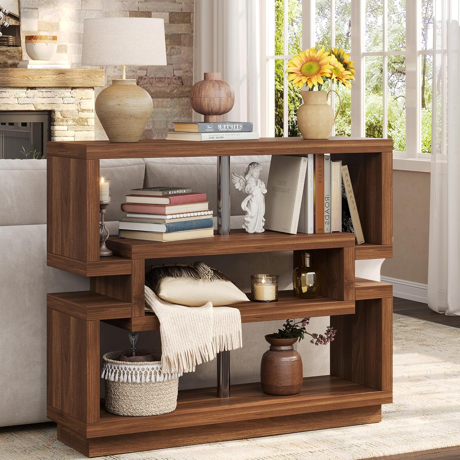 knoworld 40" Console Table for Entrayway, Farmhouse Entry Table with 4 Tier Storage, Narrow Sofa Table Behind The Couch for Entrance, Living Room, Hallway, Foyer, Brown