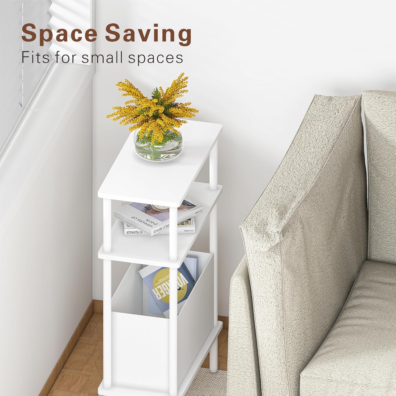 End Table with Storage Basket, Small Narrow Side Table for Bedroom Living Room, 3-Tier Slim Bedside Table, 25" H Nightstand with Fabric Shelf, White