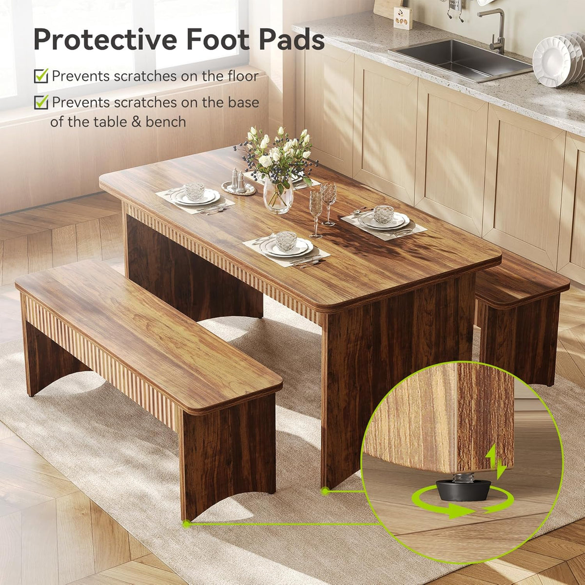 LITTLE TREE 55" Dining Table with 2 Benches, Dining Table Set for 4-6 People, Farmhouse Kitchen Table with Bench, Dining Room Table Set
