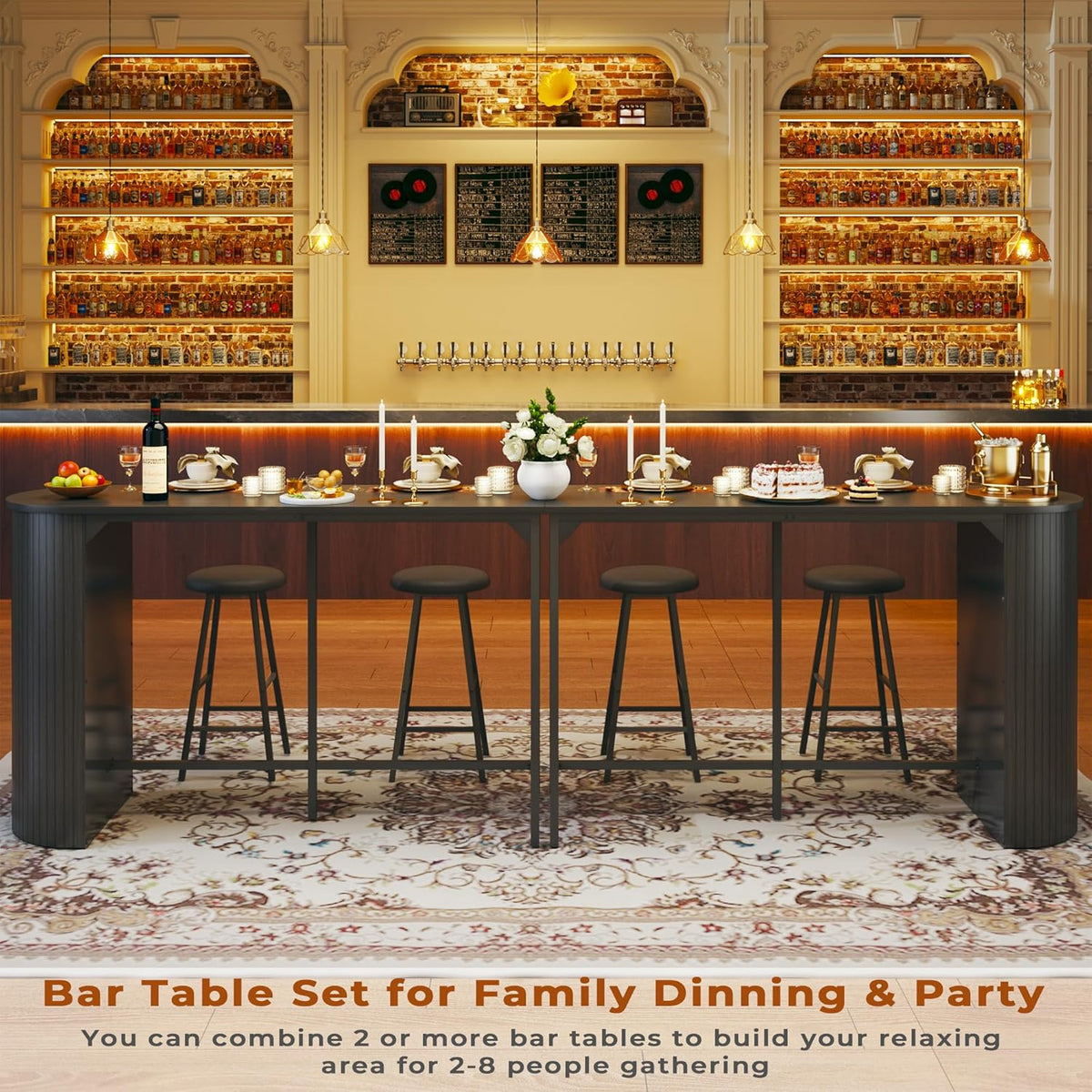 Fluted Bar Table and Chairs Set, 55'' Long Bar Tables with 2 Stools, 3 Piece Counter Height Dining Table for 2, Space Saving Kitchen Table for Bar, Dining Room, Kitchen, Breakfast Nook Corner, Black