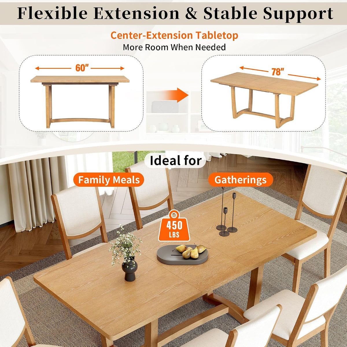 Merax 60"-78" Expandable Dining Table Set for 6, Large 7-Piece Solid Wood Rectangular Kitchen Table Set with Removable Leaf and 6 Upholstered Chairs, Space Saving Kitchen Furniture, Natural