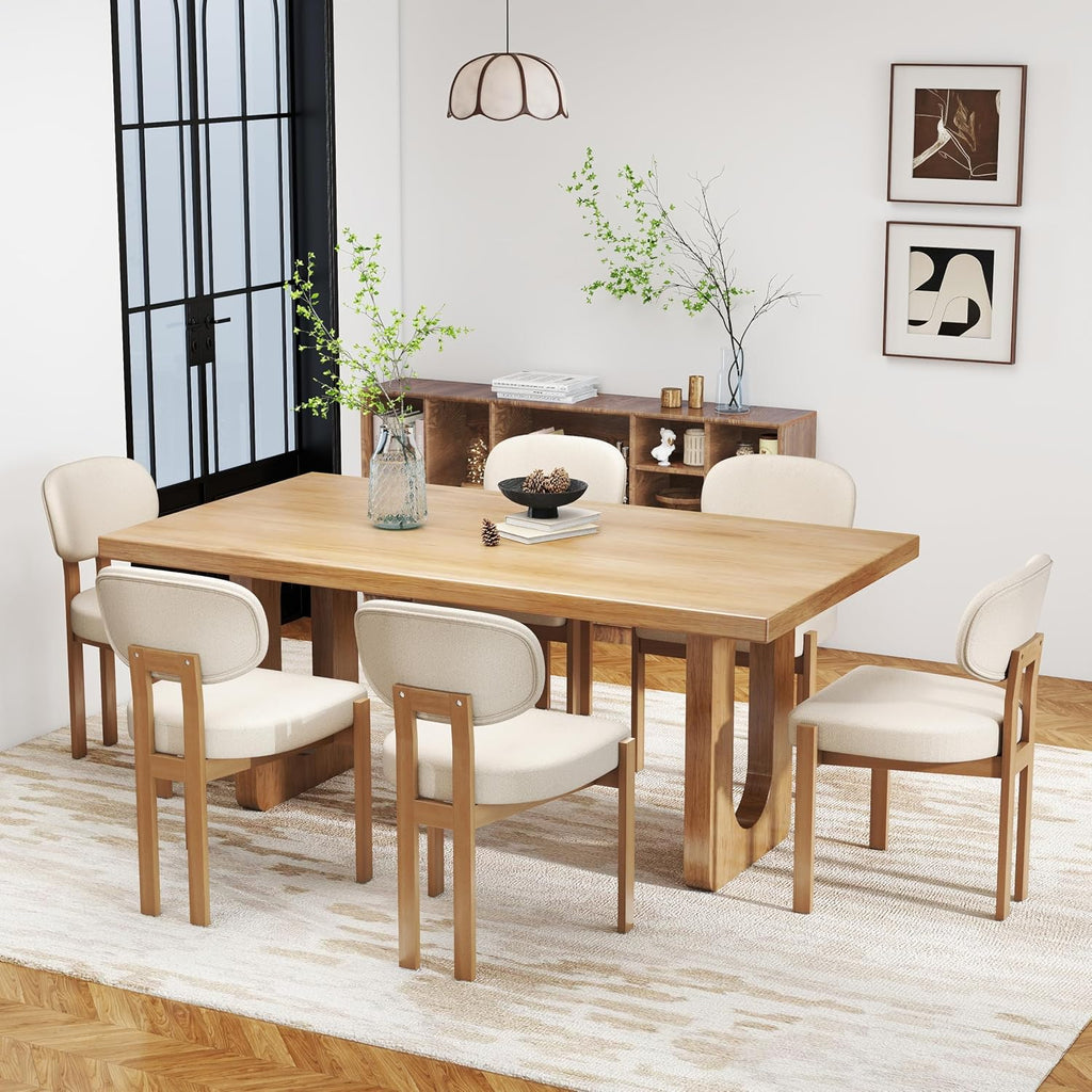 RGZ Mid Century Wooden Dining Chairs Set of 4, Modern Fabric Upholstered Beige Kitchen Chair with Curved Backrest, Farmhouse Dinner Chairs and Wood Frame Legs for Kitchen, Living Room, Home