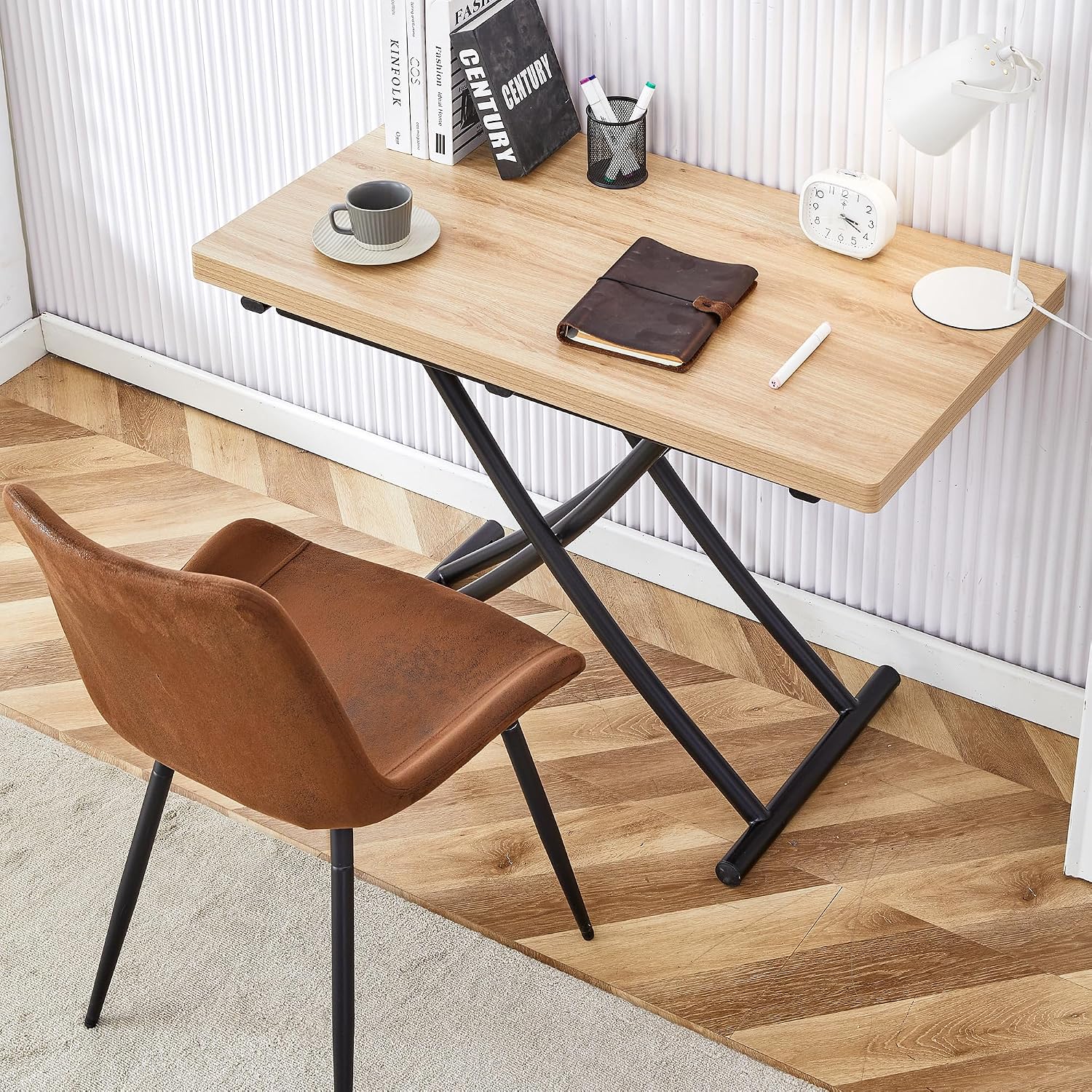Space Saving Folding Dining Table, Adjustable Height Foldable Coffee Table with Wooden Tabletop and Metal Legs, Small Transformer Kitchen Table for Apartment, Living Room, Dining Room