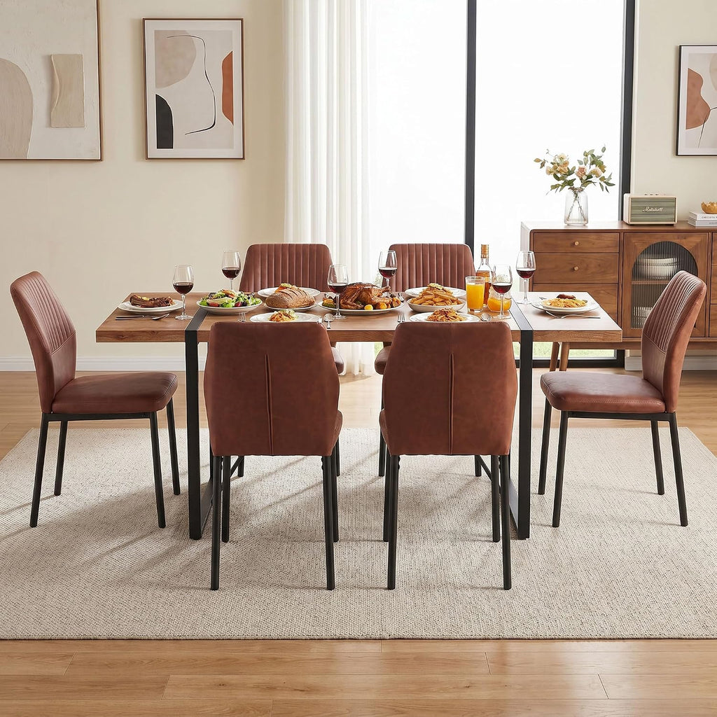 Dining Chairs Set of 6, Brown PU Leather Dining Chairs, Comfortable Upholstered Armless Kitchen Chairs with Black Metal Legs for Living Room, Dining Room, Kitchen