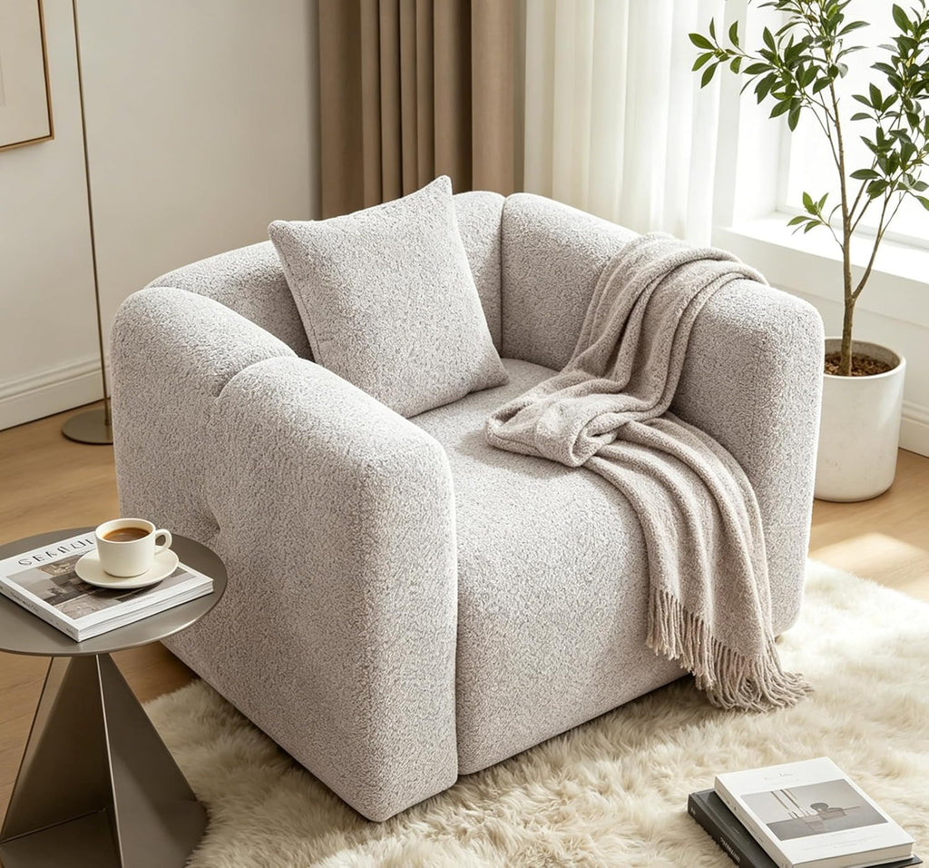 VANOMi 42" W Oversized Armchair, Modern Boucle Accent Chair with Pillow, Comfy Living Room Chairs for Reading, Office, Apartment, Light Khaki